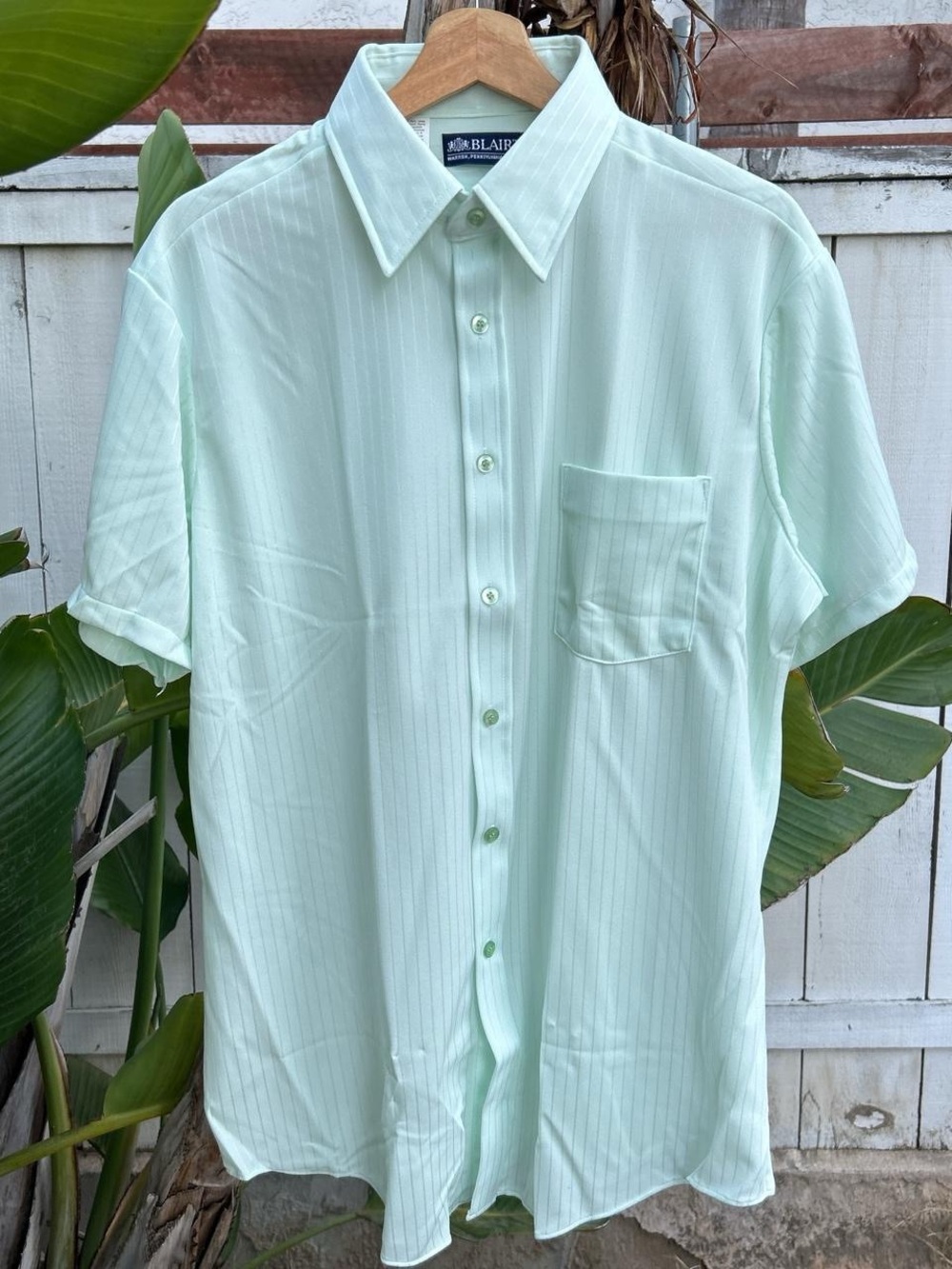Vintage 1990s Blair USA Mint Green Striped Short Sleeve Button Up Shirt Mens XL